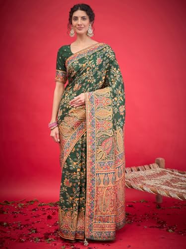 AKHILAM Women's Green Viscose Silk Ethnic Motif Printed Saree With Unstitched Blouse Piece (MSTANI59B_HS)