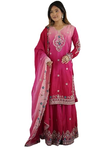 Leeli Peeri Designer Women's Chinon Silk Embroidery Kurta Palazzo and Dupatta Set