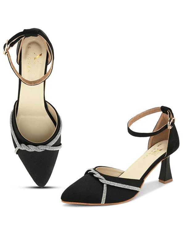 XE Looks Black Women's Fashion Sandals | Faux Leather Attractive and Stylish Block Heel | or Wedding Occasion | For Women & Girls