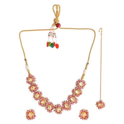 VOYLLA Veerangana Pink Pearls And Kundan Studded Maang Tika Set For Women, Jewellery Set For Women, Womens Gift, Gift For Her