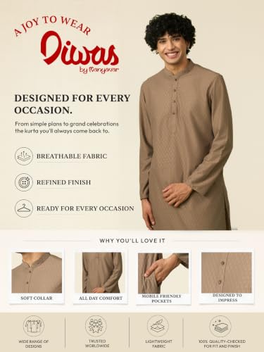 DIWAS BY MANYAVAR Men's Knit Thread Embroidery Festive Kurta Set (2pc) (IN, Alpha, L, Brown)