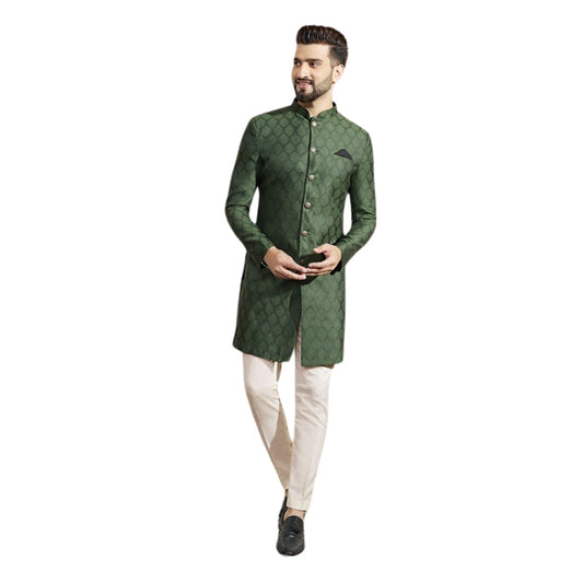 KISAH Men's Indo-Western Sherwani Trouser Set, Olive Silk Blend, Woven Design Regular Fit Mandarin Collar Long Sleeves (XL)