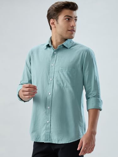 Colorplus Men Regular Fit Solid Pattern Pure Cotton Plain Collar Full Sleeve Casual Shirt Green