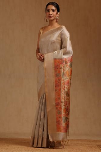 Soch Womens Grey Tussar Floral Zari Woven Saree