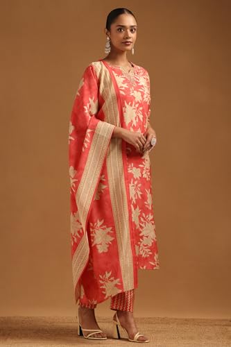 Soch Womens Peach Chanderi Floral Salwar Suit With Beads