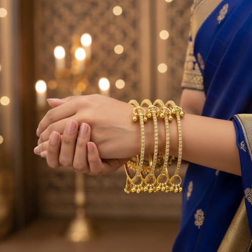 KAYASHA Golden Kashmiri Ghungroo Bangles Set of 4 for Women | American Diamond Stone Gold Tone Chudi | Traditional Ethnic Jewellery for Wedding, Bridal, Daily Wear & Festivals