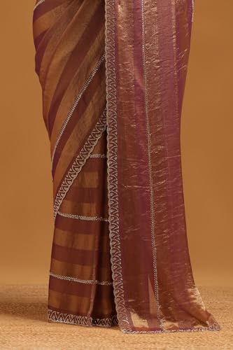 Soch Womens Purple Fendy Chiffon Striped Saree With Cutdana