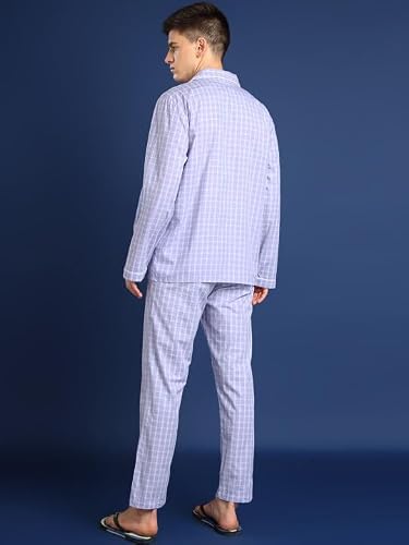 Hancock Men Cotton Checked Night Suit Lavender Size S