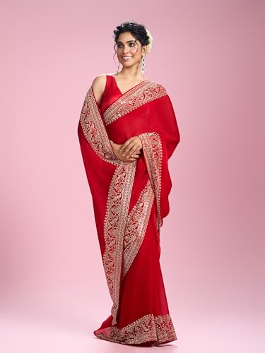 MOHEY Women's Organza Stone Work Saree with Blouse Piece(Red)