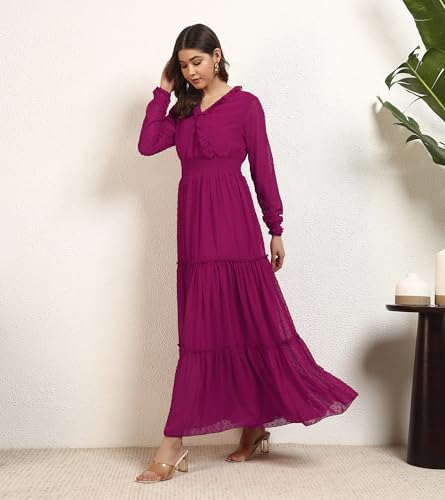 DEEBACO Women's Georgette Dobby Smocking Tiered Maxi Dress|Sleeveless|V-Neck Frill|Casual Trending Fashion Long One Piece Dresses Women Western(DBDR00002281_XL_Magenta)