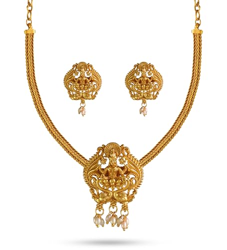 CUTE GOLD Antique Oxidised Plating Necklace With Earring For Women and Girls | Antique Temple Necklace Set for Women & Girls (AN-349)