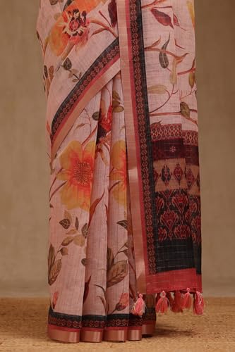 Soch Womens Peach Linen Blend Floral Print Saree With Zari Woven
