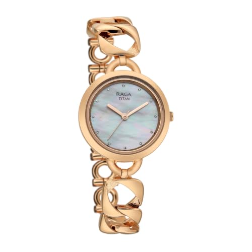 Titan Raga Unlocked Quartz 3 Hand Round Natural White Mother of Pearl Dial, IP Rose Gold Strap Watch for Women - 2826WM01