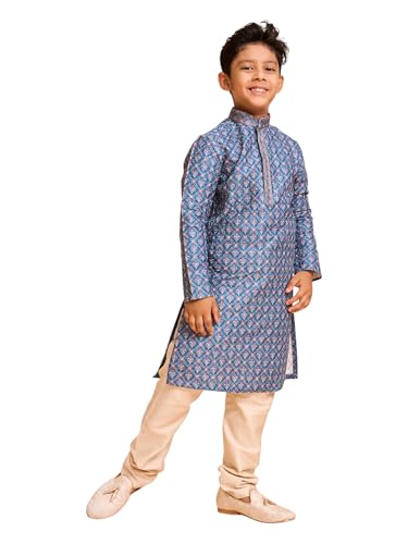 Manyavar Boys Art Silk Printed|Embroidery Kurta Pyjama Set (Teal Blue,5-6Y)