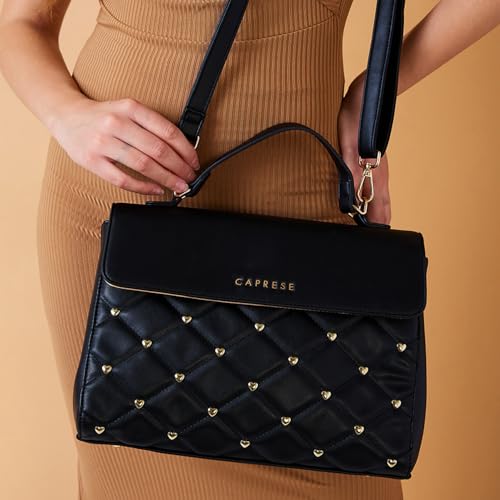 Caprese Cheryl Satchel Bag, Large | Stylish Quilted Handbag for Women with Multiple Compartments & Adjustable & Detachable Sling Strap, Secure Zip Closure| Perfect for Casual & Daily Essential (Black)