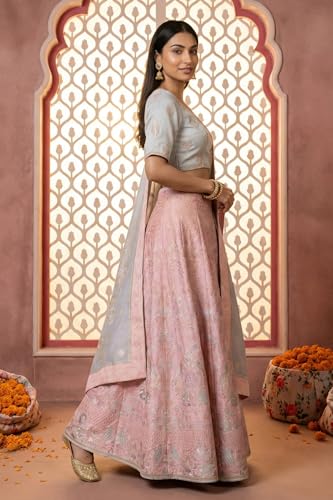 Aurelia Women's Slate Grey Zari Jacquard Crop Blouse with Lehenga Set with Dupatta - (AD10751-706126-S)