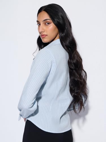 The Souled Store Cotton Linen: High Tide Women and Girls Full Sleeves Spread Collar Light Blue Striped Cotton Linen Blend Regular Fit Lightweight All-Season Shirt