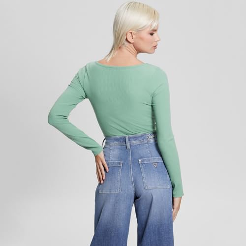 GUESS Vital Green Solid Scoop Neck Full Sleeve Karlee Jewel Top