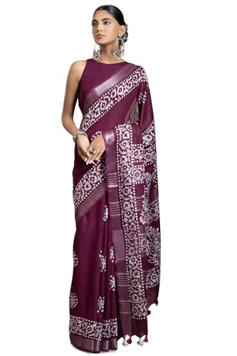 Soch Womens Wine Linen Batik Print Sarees With Tassels