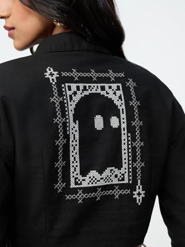 The Souled Store Dark Mystery Women and Girls Long Sleeve Spread Collar Black Embroidered Cotton Linen Oversized Fit Breathable Lightweight Everyday Cropped Shirt