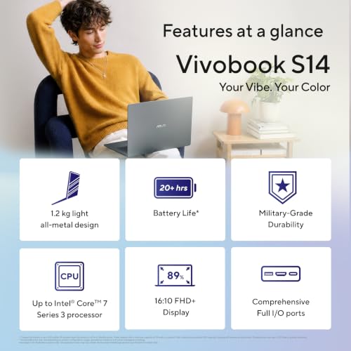 ASUS Vivobook S14 (2026),Intel Core 7 350,NPU up to 17TOPS, Intel iGPU, 16GB RAM, 512GB SSD, FHD+, 14"(35.5 cm),Windows 11, M365 Basic(1Y),Office 2024, Matte Gray, 1.2 Kg, S5452MA-TM197WS,AI Laptop