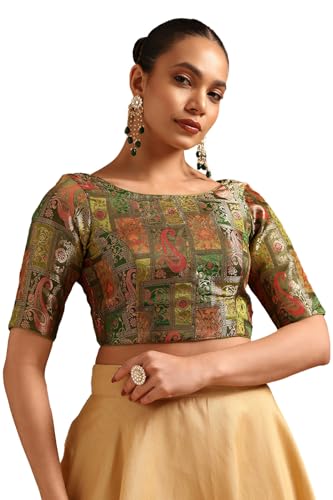 Soch Womens Olive Silk Blend Banaras Meena Jacquard Weave in Dark Colour Blouse with Zari Woven
