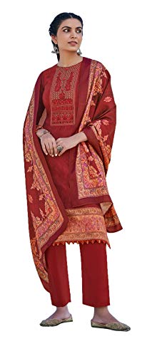 DRAVINAM Trends Women's Unstitched Woollen Pashmina Embroidered Salwar Suit Dress Material with Pashmina Printed Shawl Dupatta (Free size_Red)