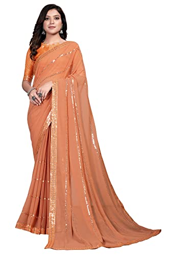 Pratham Blue Women's Sequins Georgette Fancy Saree with Blouse piece (PB-102_Orange)