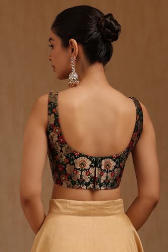 Soch Womens Black Tussar Floral Print Padded Blouse with Zari Woven