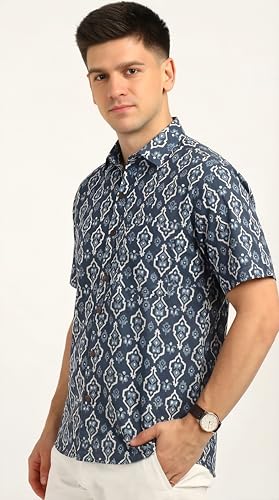 BLOCKS OF INDIA Cotton Hand Block Print Half Sleeves Summer Shirt for Men (Large, Grey JAAL)