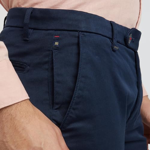 Raymond Men's Contemporary Fit Pure Cotton Structure Pattern Dark Blue Flat Front Casual Trouser