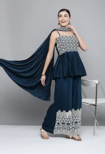 LYMI LABEL Teal Blue Silk Blend Flared Sequinned Kurta Set with Dupatta