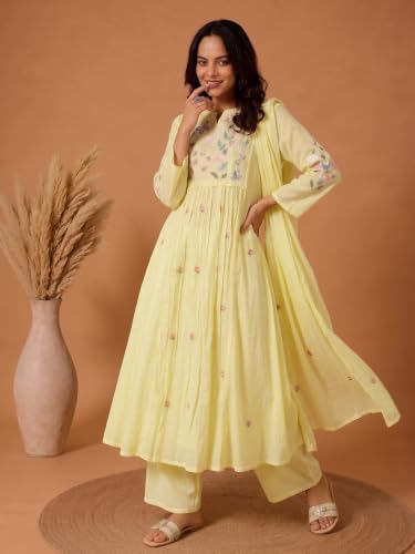 Varanga yellow embroidered muslin kurta set with dupatta