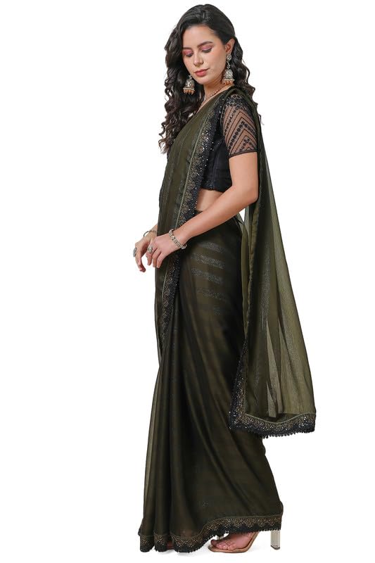 Soch Womens Olive Striped Lace Thread Work Chiffon Saree