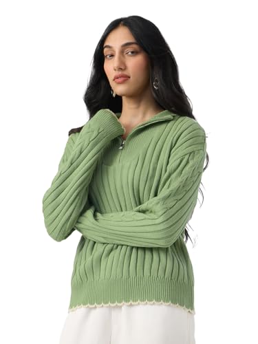 The Souled Store High-Neck Sweater: Soft Sage Women and Girls Full Sleeves Mock Neck Green Solid Acrylic Ribbed Texture Lightweight Everyday Oversized Fit Sweater