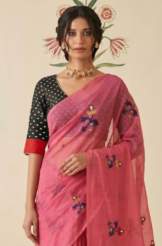 Label Aarna Women's Blush Pink Cotton Saree with Unstitched Blouse Piece | Woven | Motifs Across Pallu | Indian Ethnic Wear