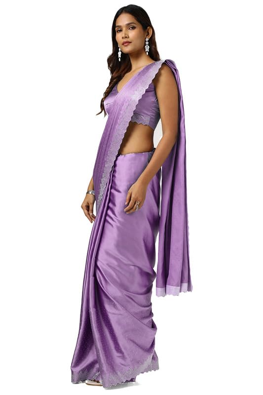 Soch Womens Lavender Satin Saree With Stone Work