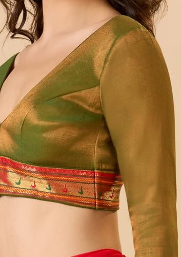 S SALWAR STUDIO Green Cotton Tissue V Neck Full Sleeves Readymade Blouse with Paithani Lace Border