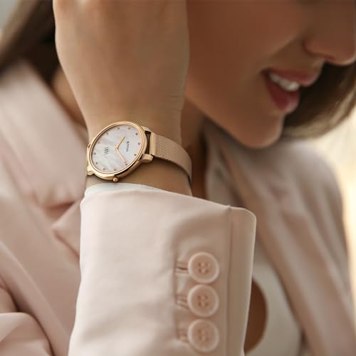 EDGE Titan Metal Ladies Allure Quartz Analog Mother of Pearl Dial Rose Gold Stainless Steel Strap Watch for Women - NT2654WM02