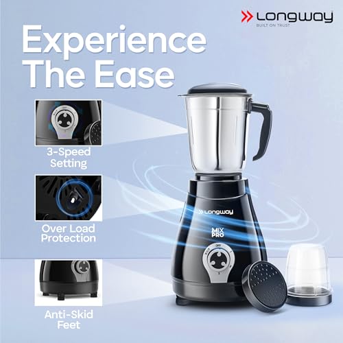 Longway Mix Pro 550 Watt Mixer Grinder with 4 Jars for Grinding, Mixing, Blending, Juicing with Powerful Motor (Black & Gray,4 Jars)