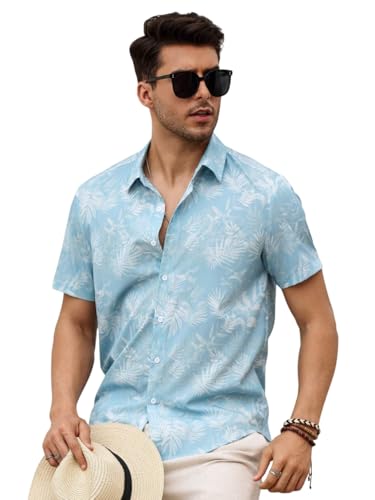 VastraVibes Men’s Tropical Printed Casual Shirt | Slim Fit Short Sleeve Summer Shirt | Lightweight Breathable Fabric | Beach & Vacation Wear (in, Alpha, L, Regular, Sky Blue)