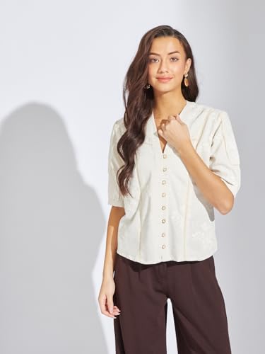 Latin Quarters Women Ivory Embroidered Linen Blend Top | V-Neck | Half Sleeves | Button-Down Casual Summer Shirt