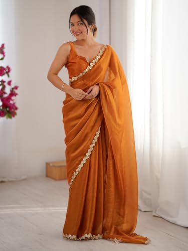 AKHILAM Women's Orange Chiffon Embellished Saree With Unstitched Blouse Piece (FNPATTI1004_AB)