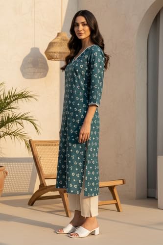 W for Woman Teal Green Geometric Printed Lace Pure Cotton Straight Kurta - (W14160-127685-L)