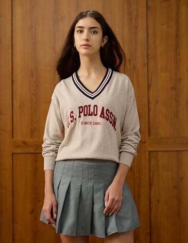 U.S. POLO ASSN. Women Relaxed Fit Brand Printed Sweater (UWAW25SWE197_Beige_M)