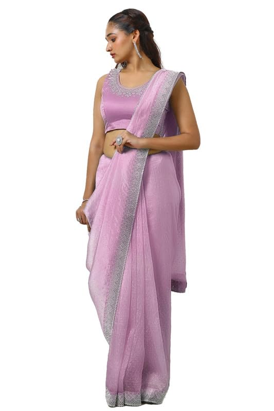 Soch Womens Lavender Organza Saree With Stone Work