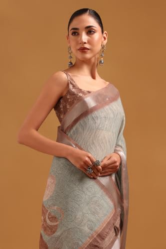 Soch Womens Olive Linen Digital Printed Botanical Machine Embroidered Saree
