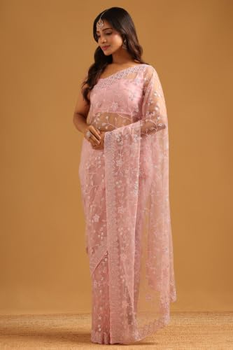 Soch Womens Pink Net Floral Embroidered Saree With Sequins