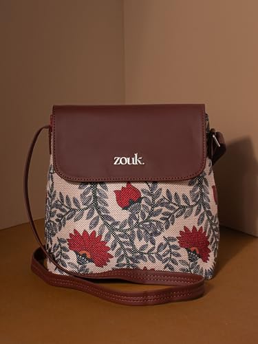 ZOUK Nawabi Couture Floral Printed Women’s Jute Sling Bag | Handcrafted Vegan Leather Multicolor Flap Shoulder Bag