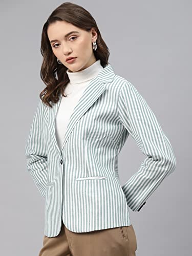 Cottinfab Women White & Green Striped Cotton Formal Single Breasted Blazer